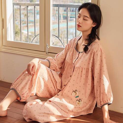 带胸垫七分袖夏季薄款睡衣女