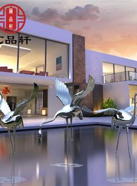 户外不锈钢镜面仙鹤雕塑售楼部园林公园景观艺术装饰落地水池摆件