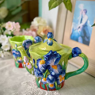 陶瓷釉下彩创意茶壶鸢尾花壶摆件马克杯家用送礼高档餐厅咖啡会所
