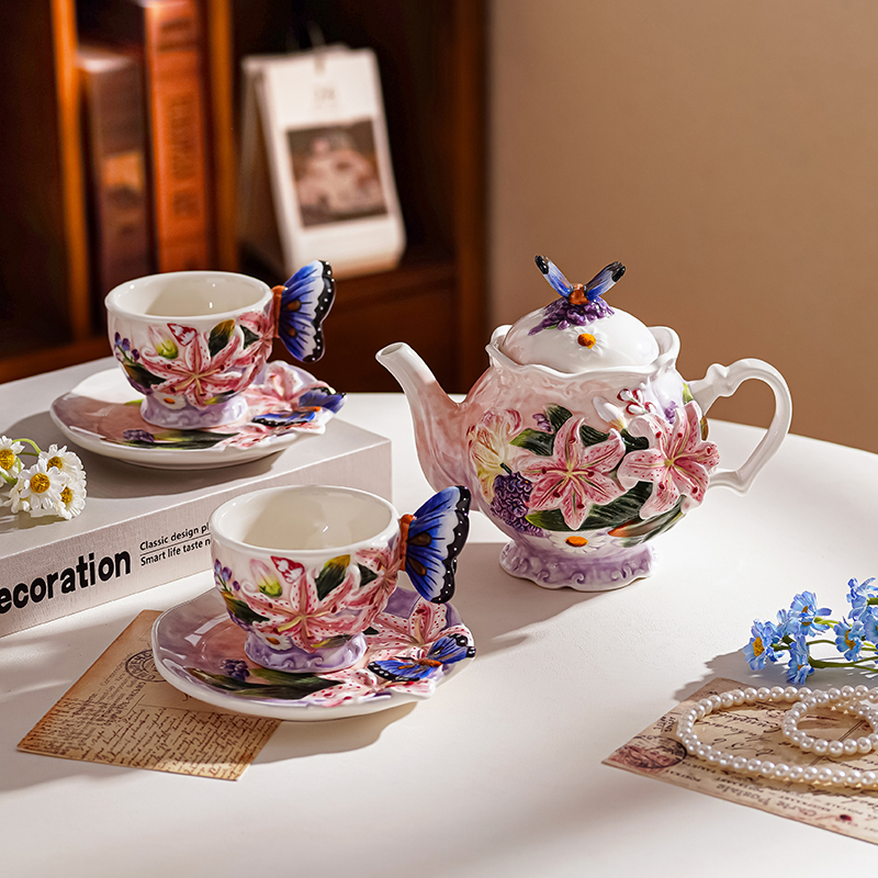方亚陶瓷百合花茶具组咖啡杯盘