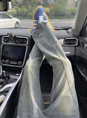 复古蓝微喇牛仔裤男春秋新款美式高街痞帅斜切cleanfit直筒弯刀裤