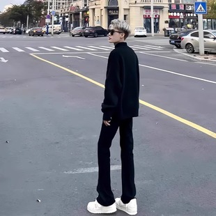 显瘦直筒裤 美式 高街纯黑色加绒潮流修身 微喇vibe牛仔裤 男春秋新款