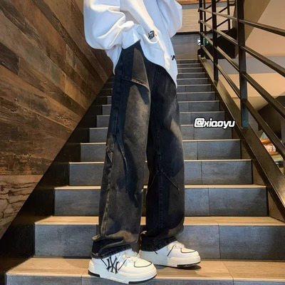 美式复古潮牌黑色牛仔裤男