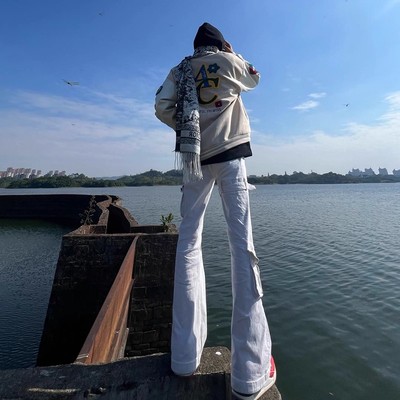 白色vibe复古绑带牛仔裤男款