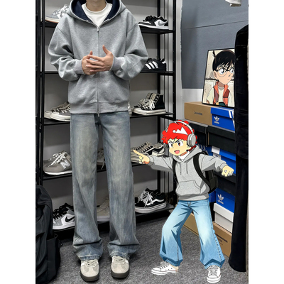 复古闪电纹牛仔裤男水洗美式