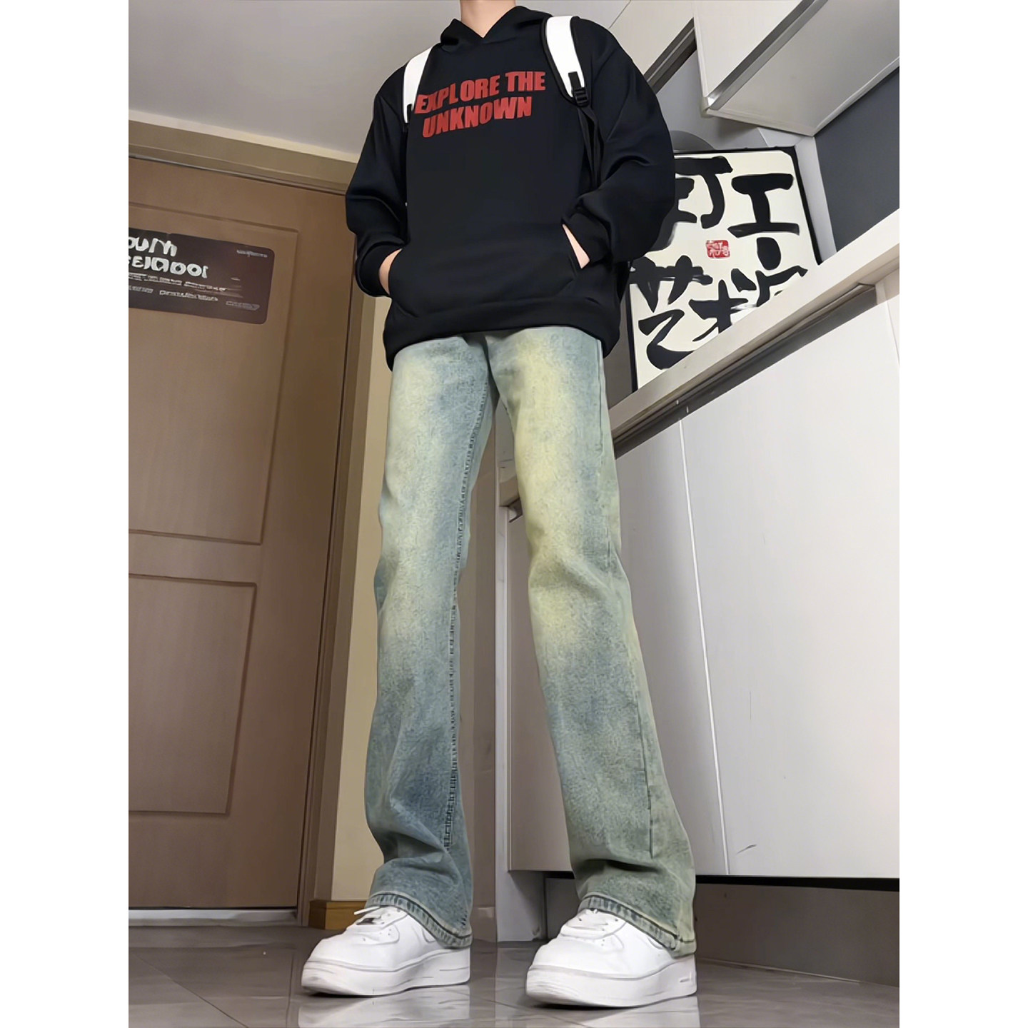 美式复古蓝牛仔裤男秋冬加绒cleanfit提档修身显瘦高街微喇弯刀裤