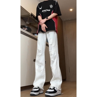 男夏季 美式 白色破洞高街痞帅牛仔裤 新款 毛边修身 显瘦直筒阔腿长裤