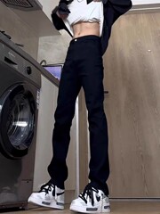 美式高街纯黑色牛仔裤男春秋新款加绒弹力修身显瘦vibe窄版直筒裤