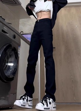 美式高街纯黑色牛仔裤男春秋新款加绒弹力修身显瘦vibe窄版直筒裤