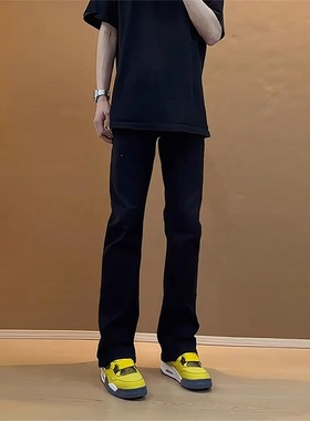 黑色弯刀微喇牛仔裤男款秋季新款柳叶提档美式高街修身显瘦长裤子