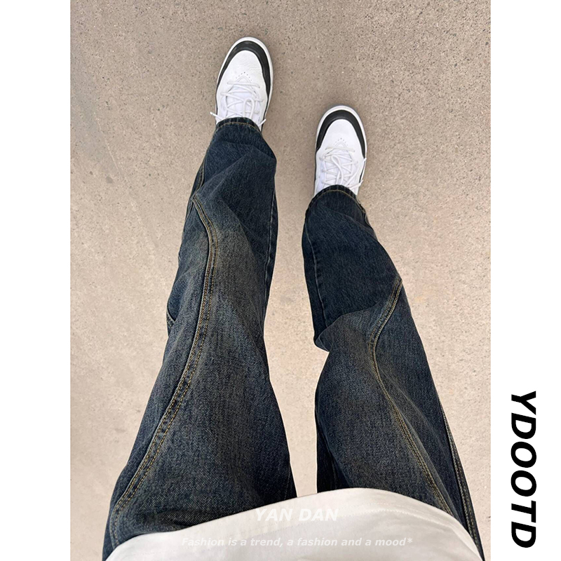 美式复古拼接牛仔裤男水洗