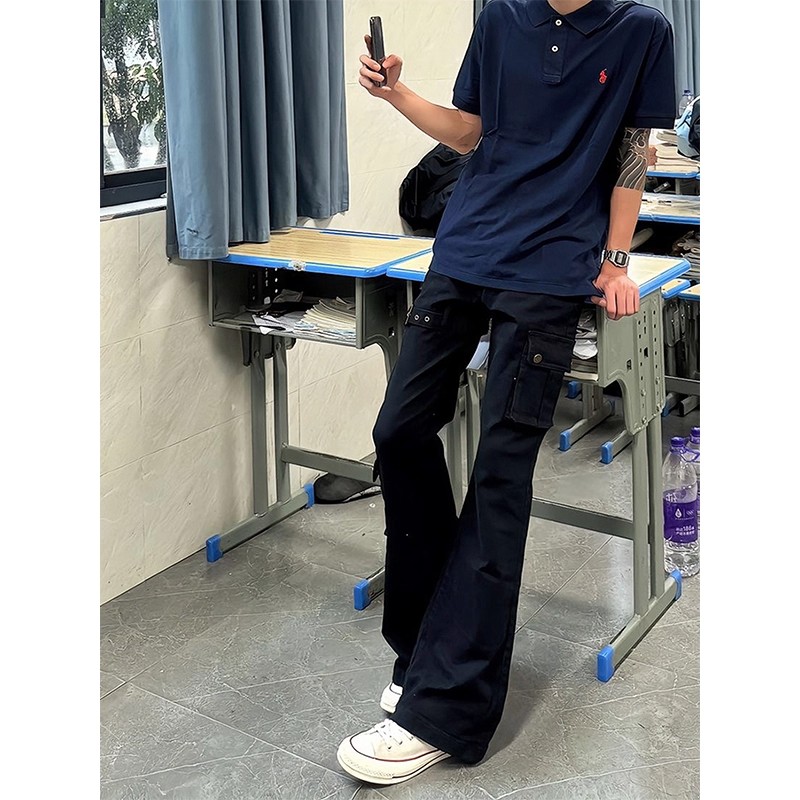 美式vibe绑带微喇牛仔裤男款