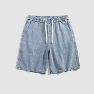 休闲松紧腰运动百搭五分裤 薄款 子 男女夏季 浅蓝色港风复古牛仔短裤