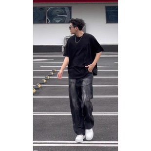 高级感痞帅水洗阔腿直筒裤 春秋新款 男款 黑色闪电纹高街复古牛仔裤