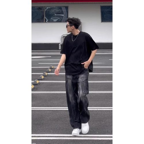 黑色闪电纹高街复古牛仔裤男