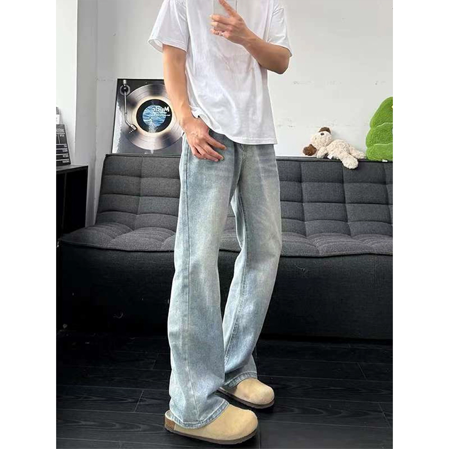 美式高街微喇牛仔裤男款秋季新款vibe裤子浅蓝色修身直筒弯刀裤子