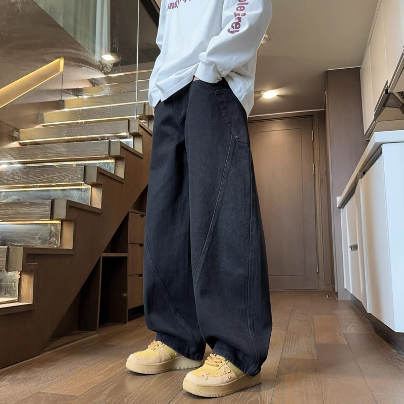 美式复古弯刀阔腿牛仔裤男高街