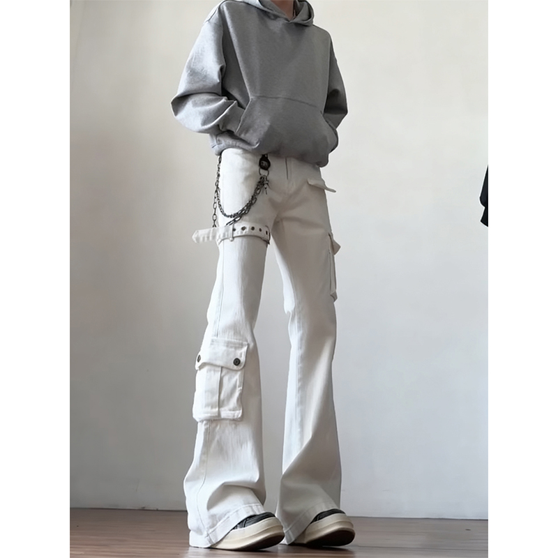 白色vibe绑带微喇牛仔裤男