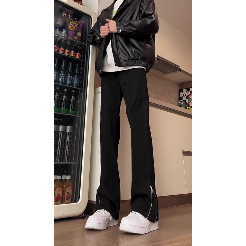 黑色侧边拉链牛仔裤男高街设计感
