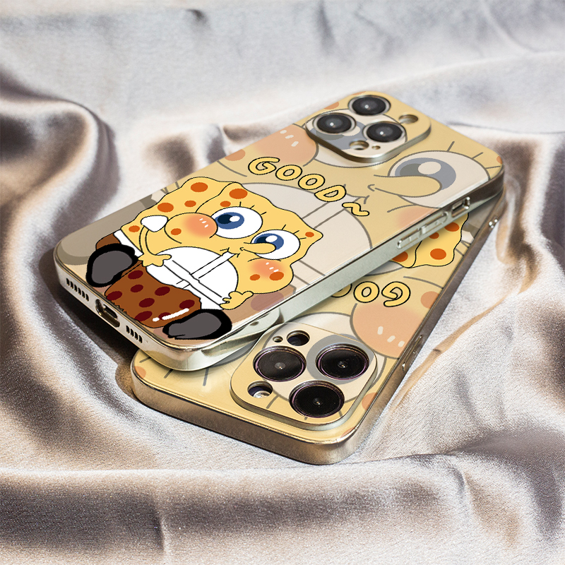 海绵宝宝适用苹果16保护套14plus电镀银iPhone15手机壳xs11全包xr情侣6s高级7g8新款12mini女se2软壳13promax