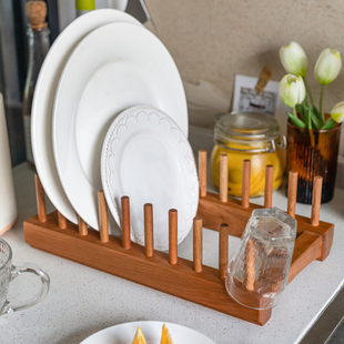 岩璞实木盘子沥水架杯架台面厨房碟子收纳架防霉餐盘架置物茶饼架