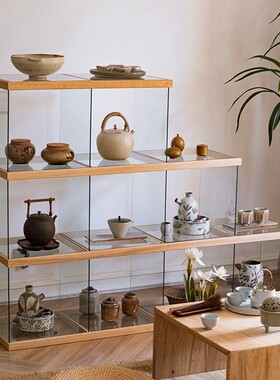 玻璃展示柜家用透明创意多宝格子客厅手办茶具收纳陈列实木置物架