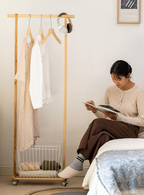 实木衣架落地立式次净衣架卧室家用衣帽架脏衣篓收纳可移动挂衣架