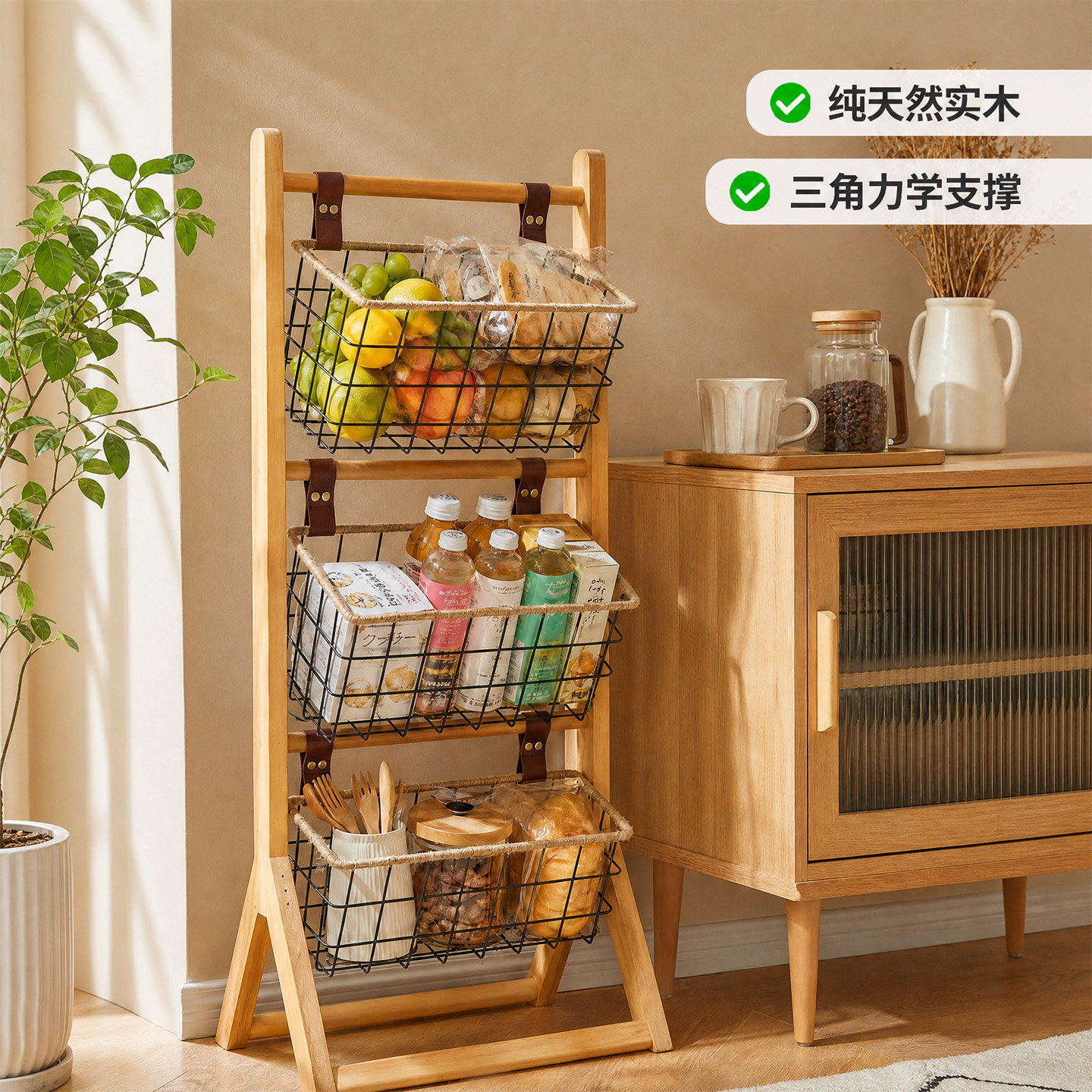 实木零食置物架落地多层收纳架图片