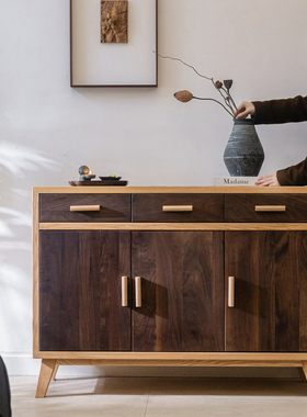 客厅收纳储物柜黑胡桃实木斗柜轻奢简约沙发侧边柜北欧风置物柜