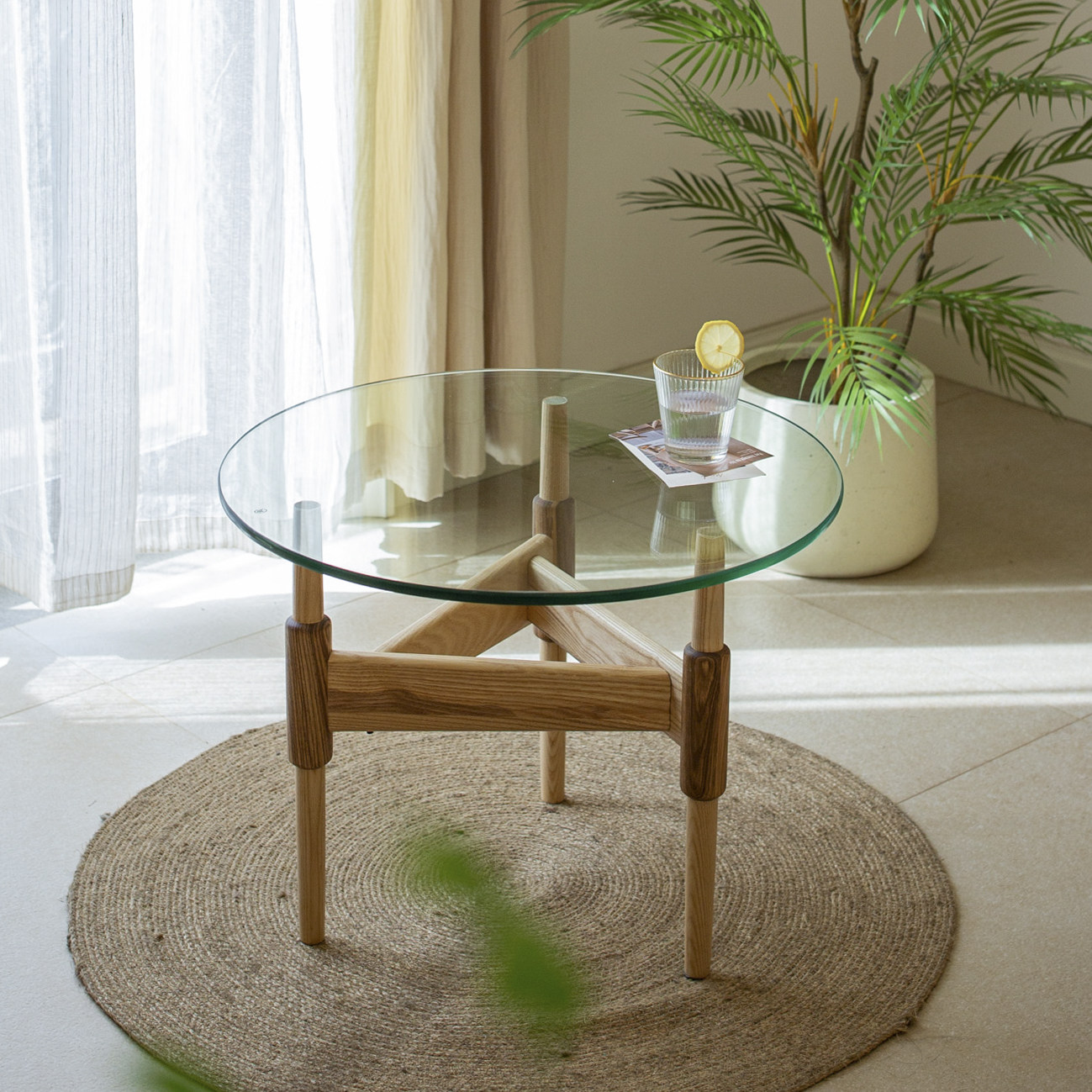 岩璞实木茶几钢化玻璃简约边几