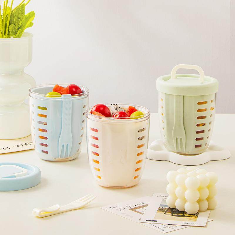 可沥水果杯带叉子便携野餐盒大容量收纳塑料早餐杯密封防漏沙拉盒,户外/登山/野营/旅行用品,水杯,淘宝优惠券,粉丝福利购,淘宝优惠卷