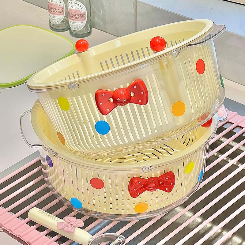 厨房圆珠镂空设计家用收纳塑料沥水篮洗水果洗蔬菜双层旋转沥水篮