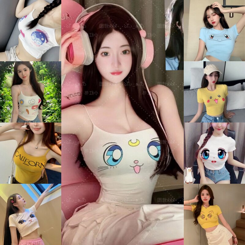 大眼睛3D性感大胸奶显胸表情包女主播网红短袖紧身修身凸显T恤夏