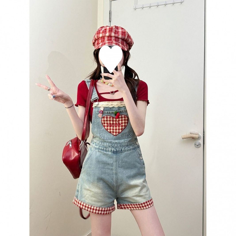 【店铺热销】夏日穿搭牛仔背带短裤女夏季薄新款小个子甜莓直筒显