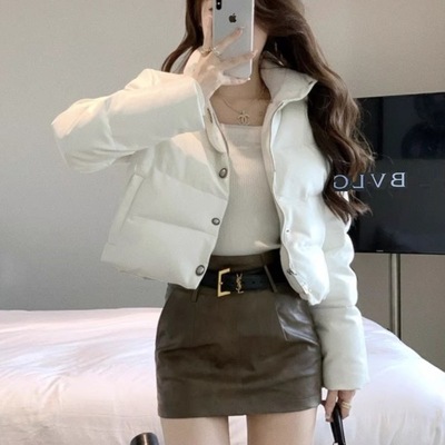 感PU皮衣白色棉服女小个子加厚保暖短款面包棉衣外套2025秋冬