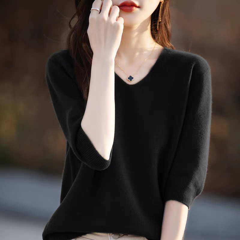 无缝一线成衣三股安迪绒毛衣女秋冬新款五分袖针织打底衫V领半袖