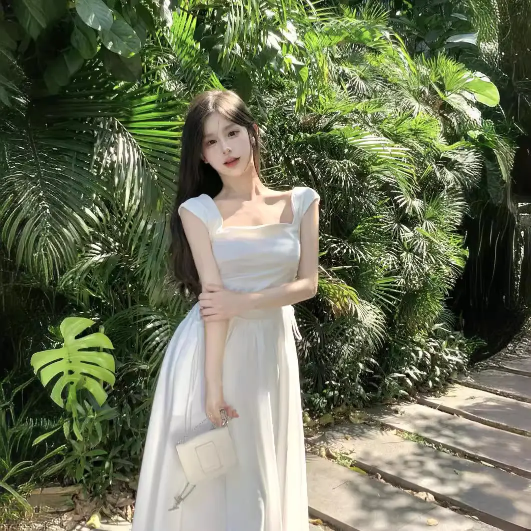 2025新款设计感抽皱方领短袖女夏辣妹长款紧身显瘦纯欲镂空连衣裙