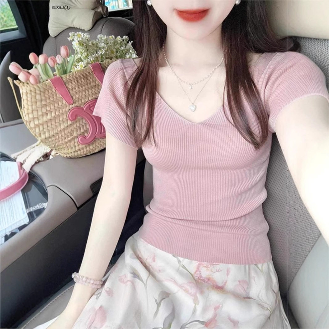 粉色大领口短款正肩t恤女夏季修身显瘦小个子针织冰丝v领短袖上衣