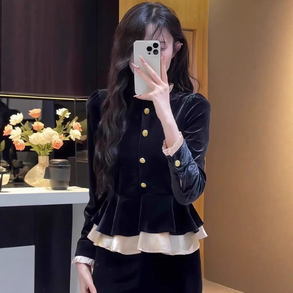 2026春季新款女式法式复古小香风圆领长袖衬衫女黑色金丝绒上衣女