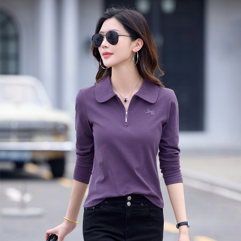 长袖T恤女翻领POLO衫跨境春秋新款宽松韩版女士上衣服打底衫批发