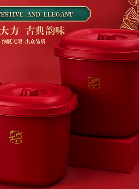 中式结婚女方陪嫁用品红色喜字储米桶陪嫁子孙桶家用米缸米箱批发