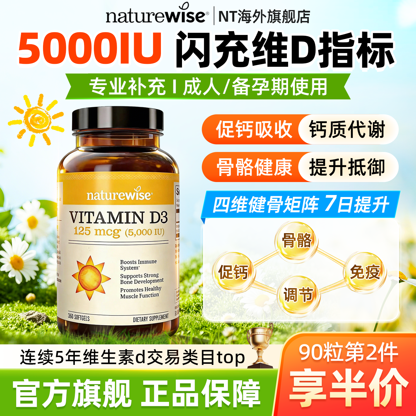 Naturewise维生素d3成人女孕妇补钙5000iu活性VD