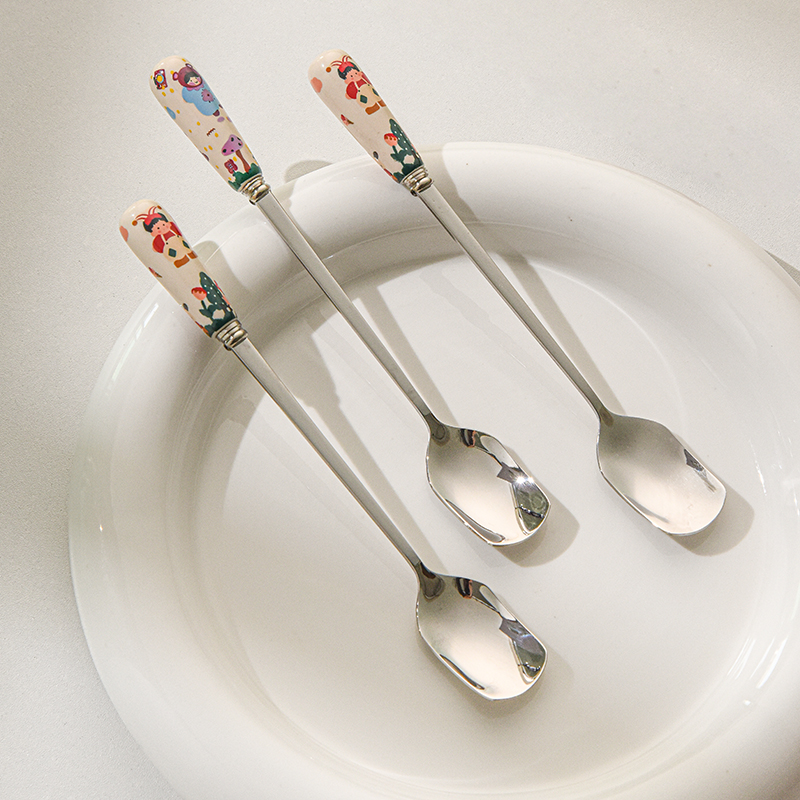 304不锈钢搅拌勺卡通陶瓷手柄可爱高颜值甜品勺精致家用咖啡勺子