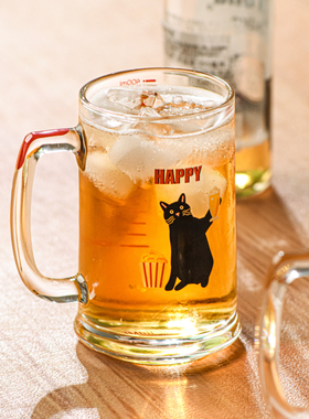 啤酒猫卡通啤酒杯带手柄加厚玻璃水杯家用果汁杯耐用大容量杯子