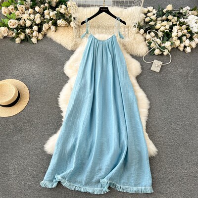 速发法长流柔风度假连衣裙设计感温苏吊带裙子式款宽松沙滩裙潮