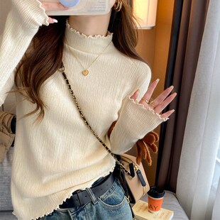 速发针织衫风衣2春240秋新款半高领慵懒上毛衣内搭木耳边打底衫