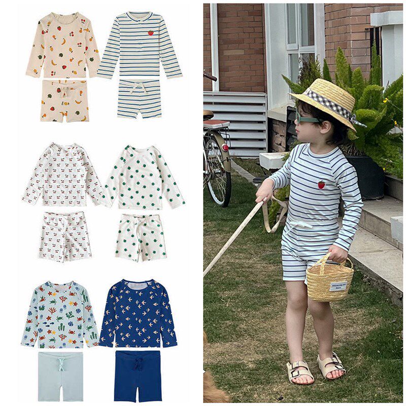 速发2024新款男童宝体领长袖上衣+短裤分圆套装男童宝泳装