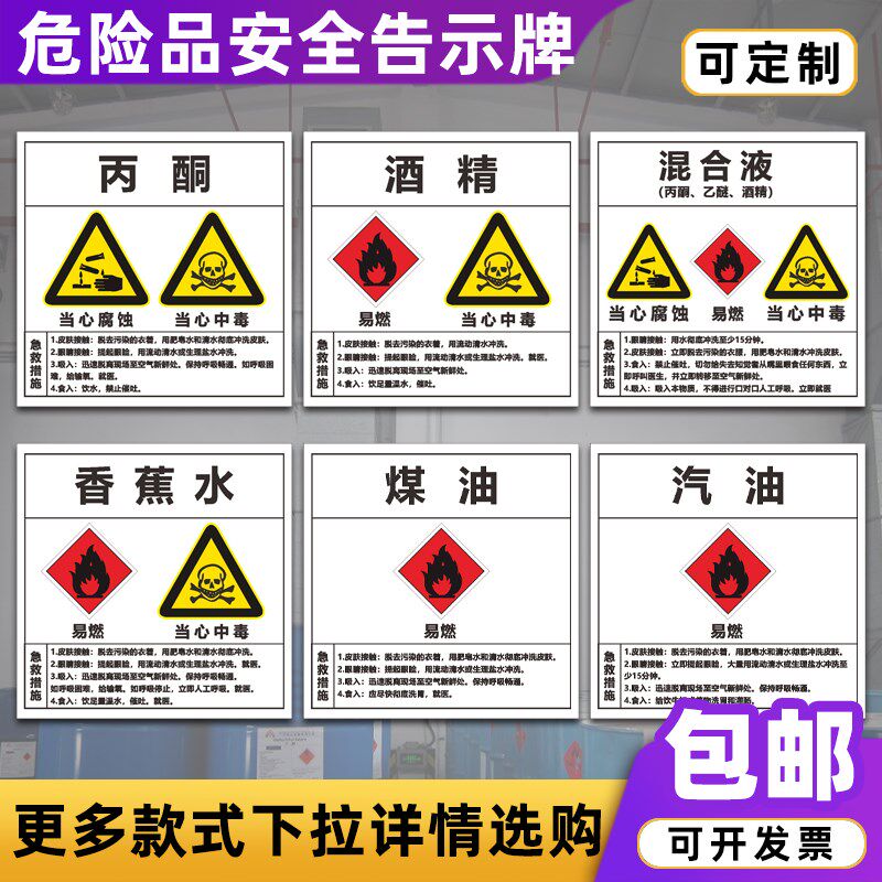 速发危险品安全周知香告示牌酮丙酒精卡蕉水异丙醇急救措施标识牌