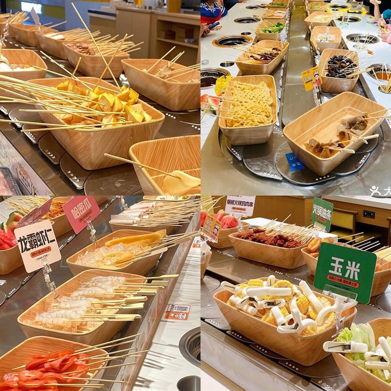 速发密胺仿木纹火锅餐具串串蔬菜盒拼盘旋转小火锅自助餐厅转转展