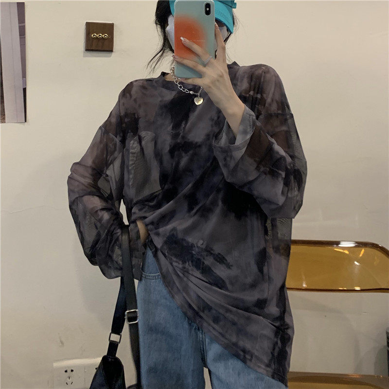 速发网021夏季新款扎染防晒罩衫韩版宽松长薄T恤2纱袖款上衣